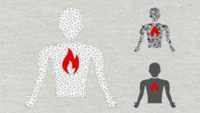 Smerte Illustrasjonen er tre tegninger av et menneske som har en flammende ild i brystet