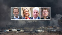Bildet viser fire eksperter og et krigsbilde fra Iran.