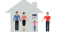 Lappeteppefamilie Illustrasjonen viser familiestrukturen etter en skilsmisse, der mor, ny kjæreste og barn holder hender i et hus, mens faren står alene utenfor. På veggen over barnet henger en kalender.