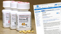 Collagen viser bilder av OxyContin-tabletter og -bokser + et utsnitt av Felleskatalogen