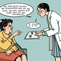 Illustrasjonen viser en sykepleier som holder et brett mot en pasient og sier: Den rosa pillen hjelper mot leddsmerter, men gir deg diaré. Den gule hjelper mot diaré, men gir deg leddsmerter. Så: Hvilken vil du ha?