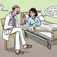 Illustrasjonen viser en lege som sitter ved pasienten i senga. Han sier: "Har du noen tanker rundt diagnose?". Hun svarer: "Jeg vil helst ha en sjelden sykdom med et eksotisk navn ikke så mange har hørt om."